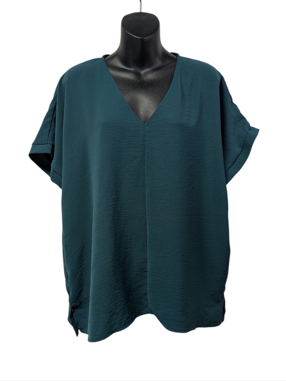 mts Womens Teal Solid V-Neck Short Sleeve Pullover Blouse Regular Size M